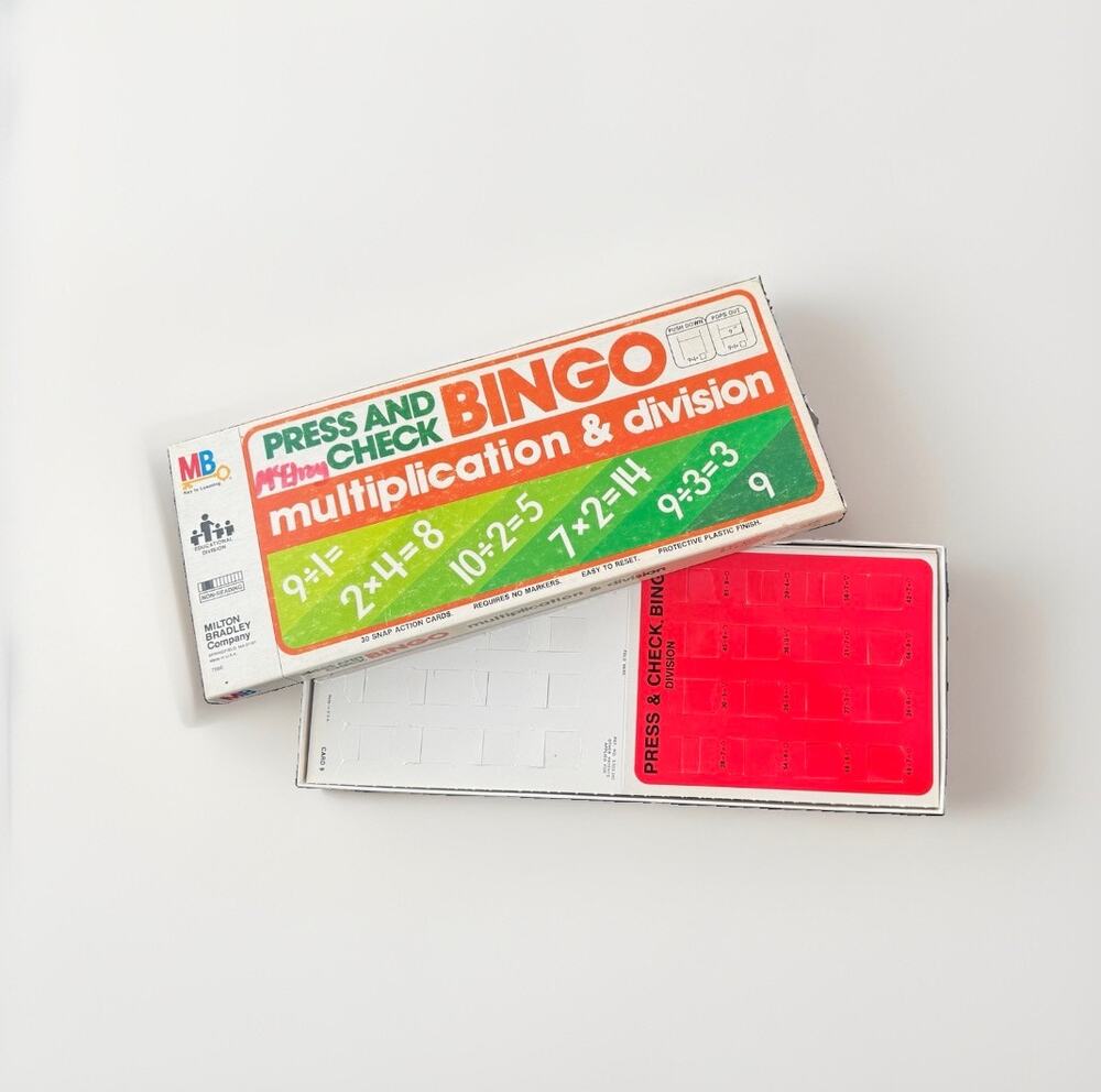 Vintage Milton Bradley Press & Check Bingo Multiplication Division Game 21 Cards